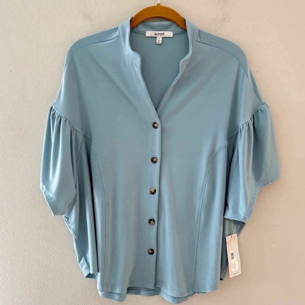 Sympli Butterfly Shirt Stone Blue Matte Jersey Button Front Blouse Women Sz6 NWT